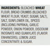 A list of ingredients for a product, including bleached wheat flour, bread crumbs, yeast, sugar, salt, sunflower oil, spices, garlic powder, onion powder, disodium inosinate and guanylate, lemon juice concentrate and sugar.