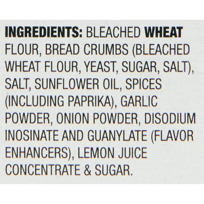 A list of ingredients for a product, including bleached wheat flour, bread crumbs, yeast, sugar, salt, sunflower oil, spices, garlic powder, onion powder, disodium inosinate and guanylate, lemon juice concentrate and sugar.