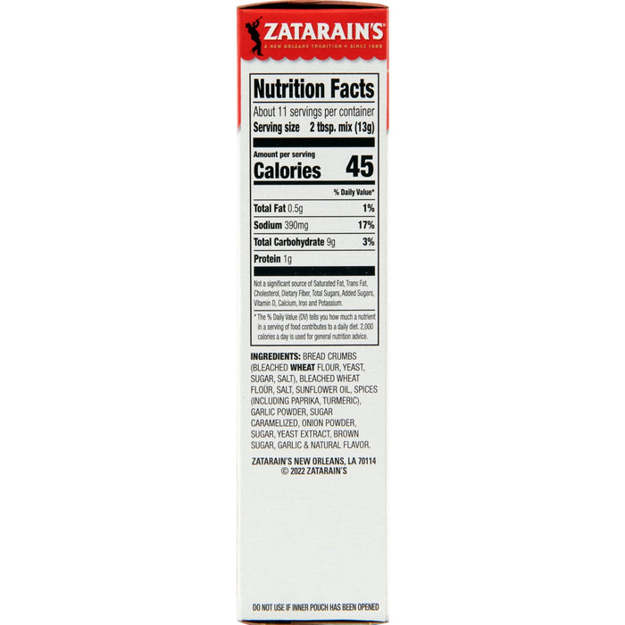 Zatarain's nutrition facts label for their bread crumbs.