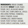 A list of ingredients for a product, including bread crumbs, bleached wheat flour, yeast, sugar, salt, sunflower oil, spices, garlic powder, onion powder, and natural flavor.