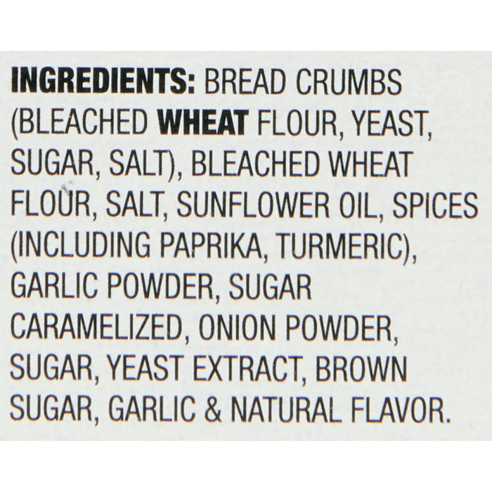 A list of ingredients for a product, including bread crumbs, bleached wheat flour, yeast, sugar, salt, sunflower oil, spices, garlic powder, onion powder, and natural flavor.