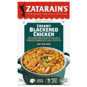 A box of Zatarain's Creamy Blackened Chicken One Pot rice mix with a serving suggestion of the finished product.
