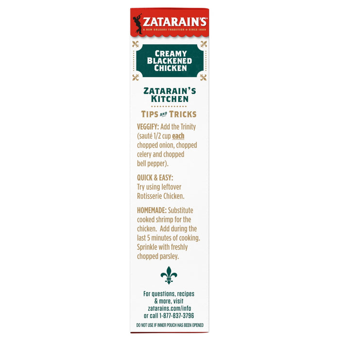 Zatarain's Creamy Blackened Chicken box with tips and tricks for making the dish.