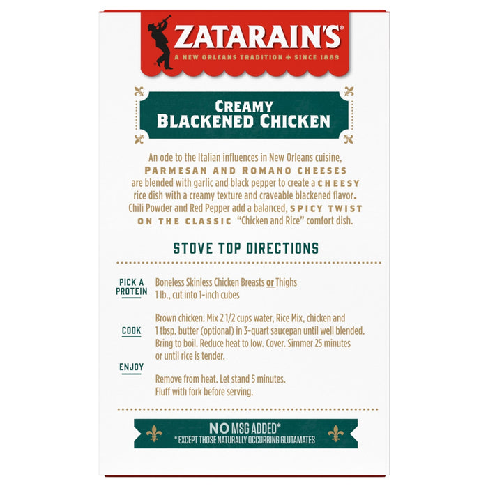 Zatarain's Creamy Blackened Chicken box shows the instructions for preparing the dish.