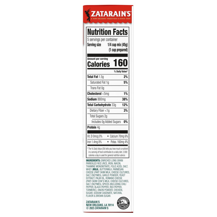 Zatarain's nutrition facts label for their enriched long grain parboiled rice mix.