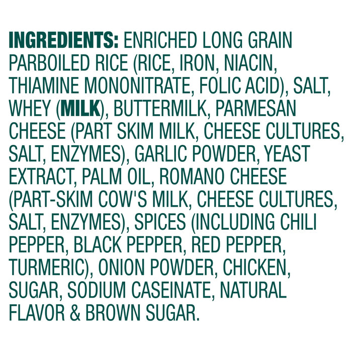 A list of ingredients for a product containing rice, milk, cheese, and spices.
