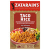 A box of Zatarain's Taco Rice mix with a serving suggestion of the rice with chicken, avocado, cheese, tomatoes, onions, and black beans.