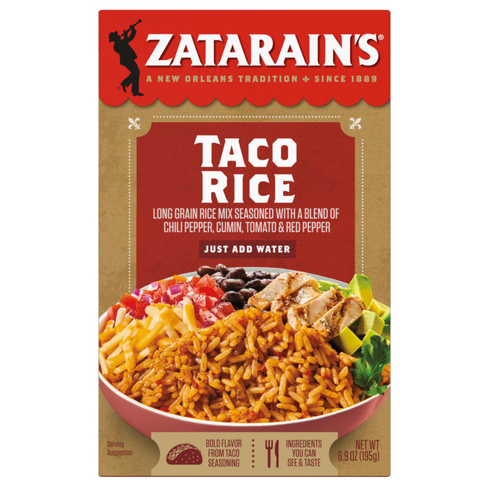 A box of Zatarain's Taco Rice mix with a serving suggestion of the rice with chicken, avocado, cheese, tomatoes, onions, and black beans.