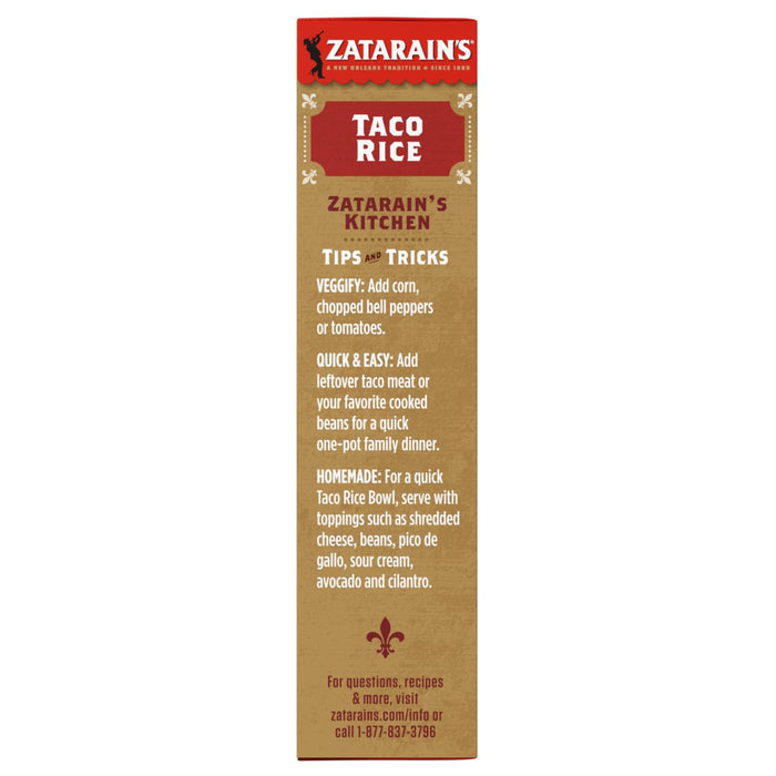Zatarain's Taco Rice box with tips and tricks for making a quick and easy meal.