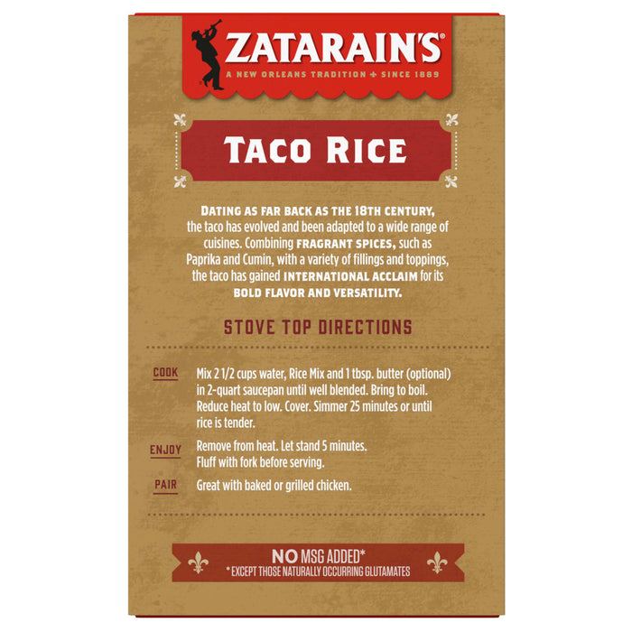 A Zatarain's box for Taco Rice with instructions on how to prepare it.