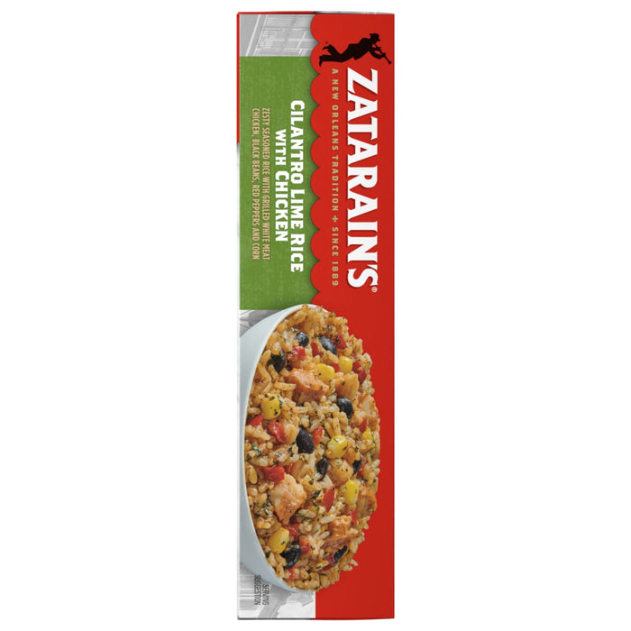 A box of Zatarain's Cilantro Lime Rice with Chicken is displayed, showcasing a vibrant dish of seasoned rice, grilled white meat chicken, black beans, red peppers, and corn.