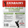 Zatarain's Cilantro Lime Rice with Chicken package showing microwave and oven cooking directions.