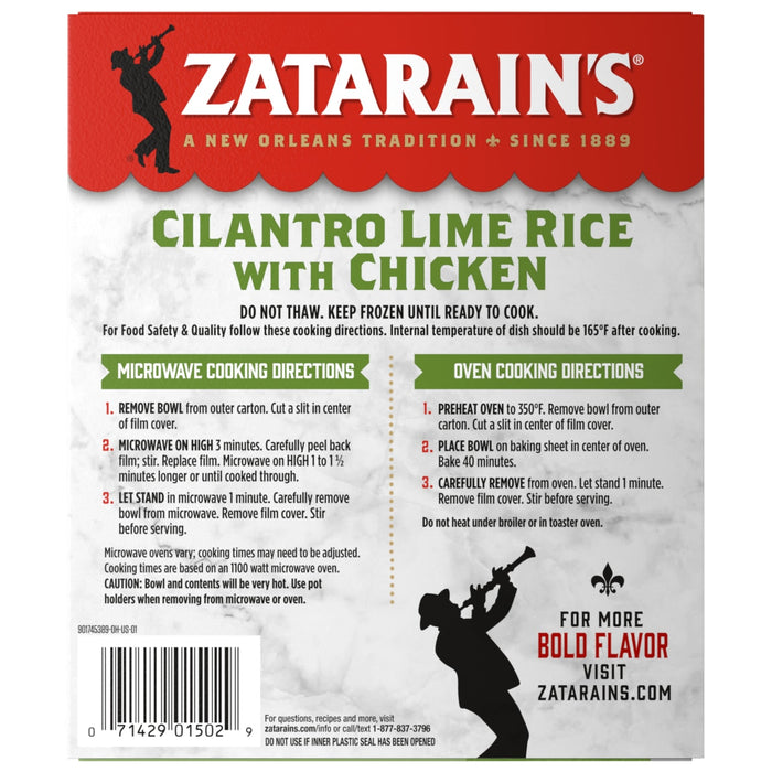 Zatarain's Cilantro Lime Rice with Chicken package showing microwave and oven cooking directions.