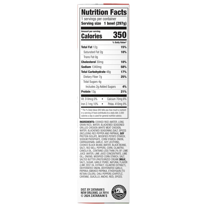 Nutrition facts label for Zatarain's Blackened Chicken Bowl, providing information on calories, fat, carbohydrates, protein, and other nutrients.