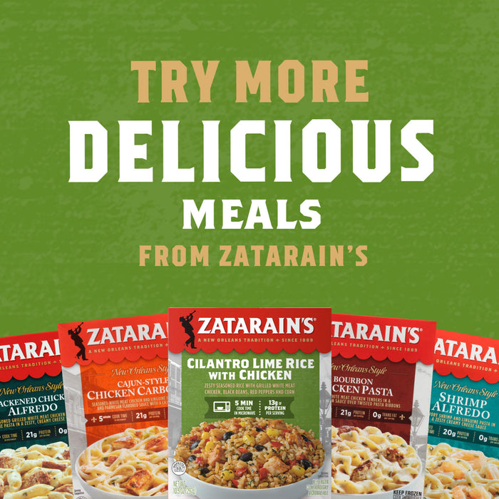 A variety of Zatarain's frozen meals are displayed with the text "Try More Delicious Meals From Zatarain's" above them.