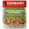 A package of Zatarain's Cilantro Lime Rice with Chicken is shown, featuring a bowl of rice with grilled white meat chicken, black beans, red peppers, and corn.