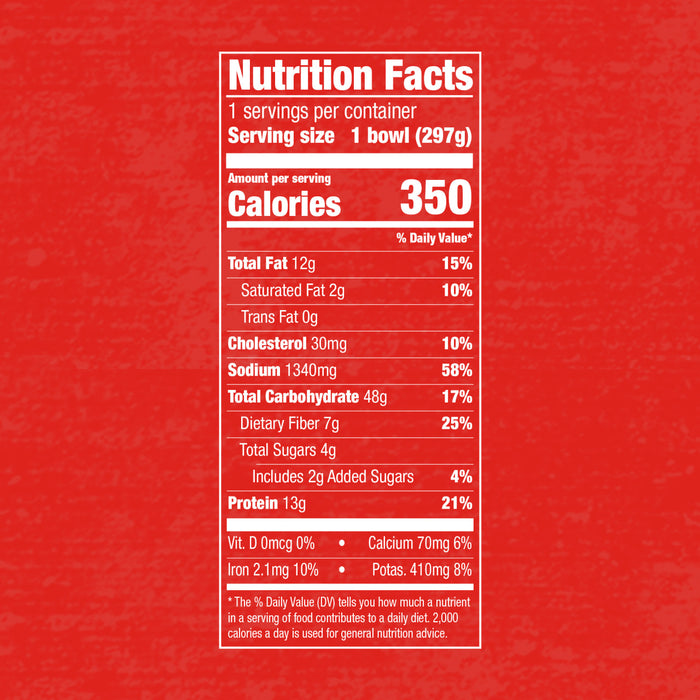 Nutrition facts label for a single serving bowl with 350 calories, 12g of total fat, 48g of total carbohydrates, and 13g of protein.