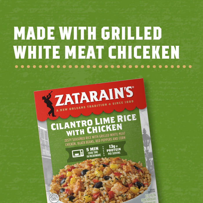 A Zatarain's Cilantro Lime Rice with Chicken package, advertising that it is made with grilled white meat chicken.
