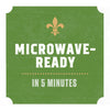 A green label with a fleur-de-lis symbol and the text "Microwave-Ready in 5 Minutes" indicates the product is quick and easy to prepare.