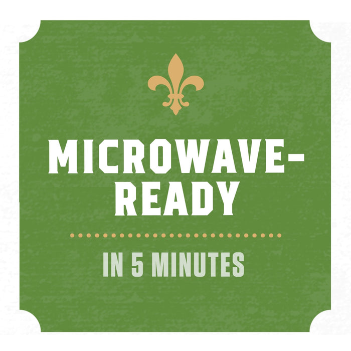 A green label with a fleur-de-lis symbol and the text "Microwave-Ready in 5 Minutes" indicates the product is quick and easy to prepare.