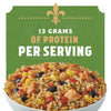 A bowl of rice with corn, black beans, and red peppers is shown with a label that says "13 grams of protein per serving."