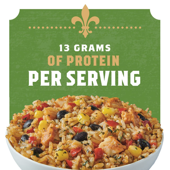 A bowl of rice with corn, black beans, and red peppers is shown with a label that says "13 grams of protein per serving."