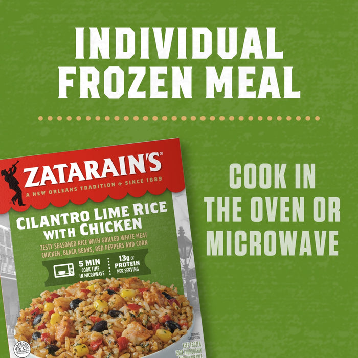 Zatarain's Cilantro Lime Rice with Chicken individual frozen meal that can be cooked in the oven or microwave.