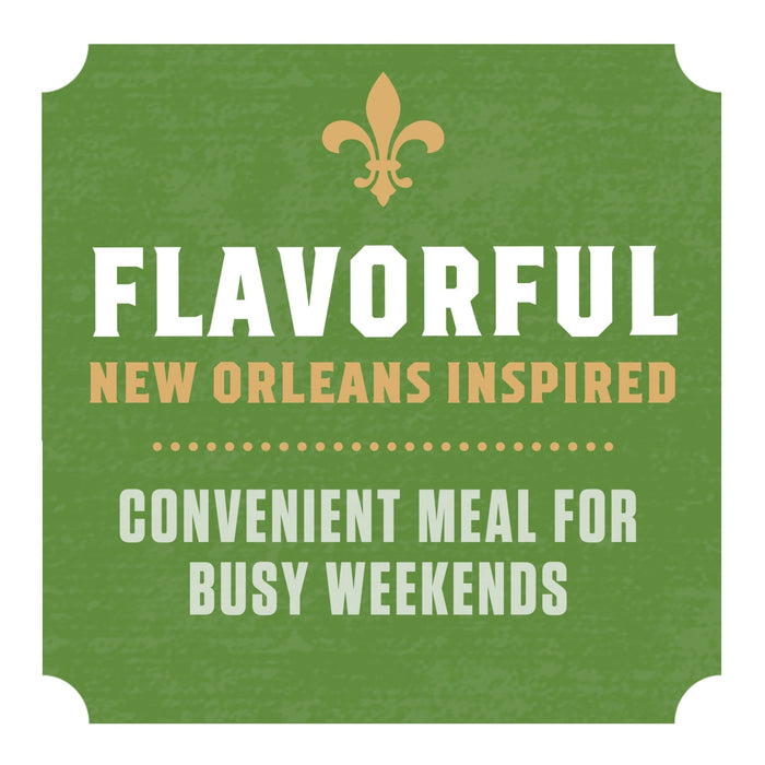 A green square graphic with rounded corners features a gold fleur-de-lis above the words "Flavorful New Orleans Inspired Convenient Meal for Busy Weekends."