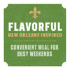 A green square graphic with rounded corners features a gold fleur-de-lis above the words "Flavorful New Orleans Inspired Convenient Meal for Busy Weekends."