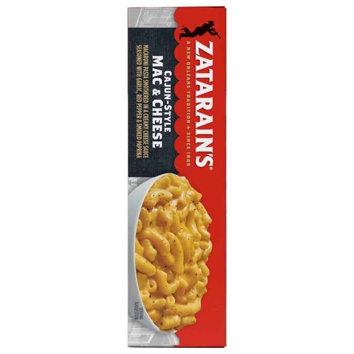A box of Zatarain's Cajun-Style Mac &amp; Cheese is displayed, showcasing a creamy macaroni pasta dish seasoned with garlic, red pepper, and smoked paprika.