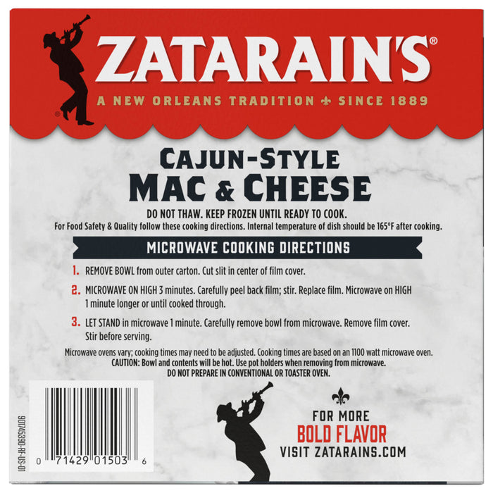 Zatarain's Cajun-Style Mac &amp; Cheese packaging with microwave cooking directions.