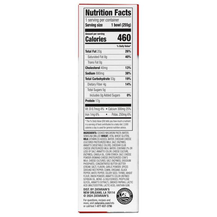 Nutrition facts label for Zatarain's macaroni and cheese, showing 460 calories per serving.