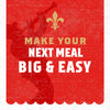This illustration features a silhouette of a musician playing a trumpet against a red background with the text "MAKE YOUR NEXT MEAL BIG &amp; EASY" and a fleur-de-lis symbol.