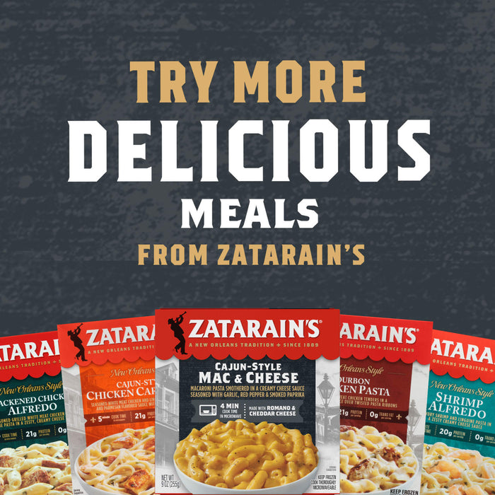 A variety of Zatarain's frozen meals are displayed with the text "Try More Delicious Meals From Zatarain's" above them.