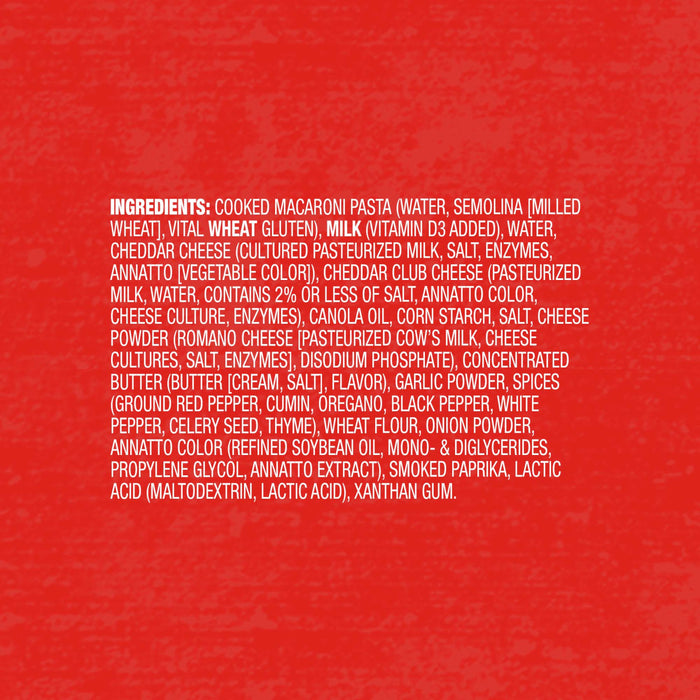 The image displays the ingredient list for a food product, including items like macaroni pasta, milk, cheddar cheese, and various spices.