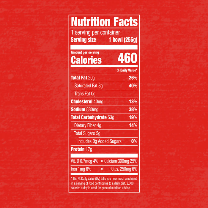 Nutrition facts label showing that one bowl contains 460 calories, 20g of total fat, and 17g of protein.