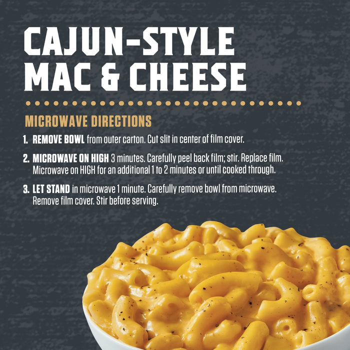 Blackened Chicken Alfredo microwave directions are shown next to a bowl of the dish.