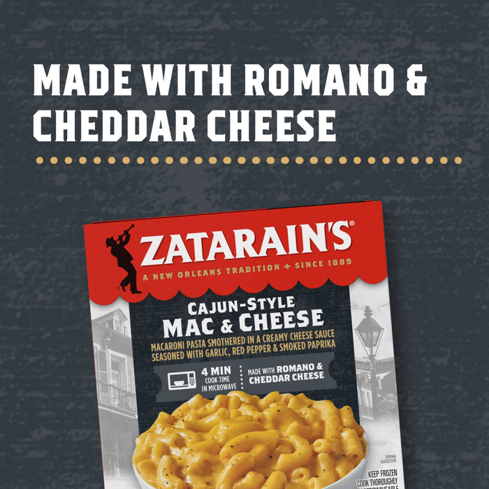A box of Zatarain's Cajun-Style Mac &amp; Cheese, made with Romano and Cheddar cheese.