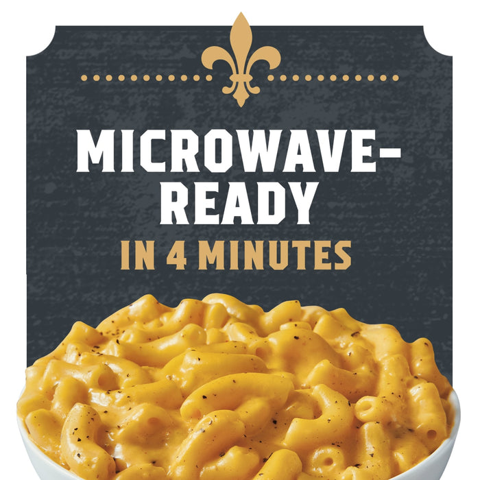 This image showcases a bowl of microwave-ready macaroni and cheese, emphasizing its convenience and quick preparation in just 4 minutes.