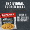 A box of Zatarain's Cajun-Style Mac &amp; Cheese individual frozen meal is displayed, highlighting its quick microwave cooking time and the blend of Romano and Cheddar cheeses.
