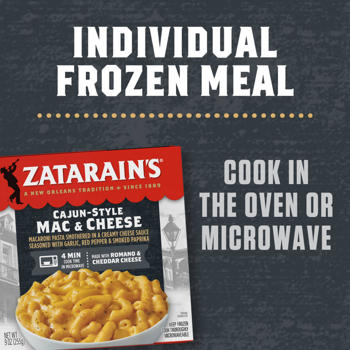 A box of Zatarain's Cajun-Style Mac &amp; Cheese individual frozen meal is displayed, highlighting its quick microwave cooking time and the blend of Romano and Cheddar cheeses.