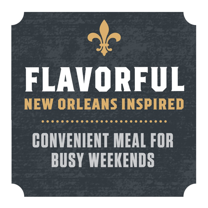 This image promotes a flavorful, New Orleans-inspired convenient meal for busy weekends, featuring a fleur-de-lis symbol.