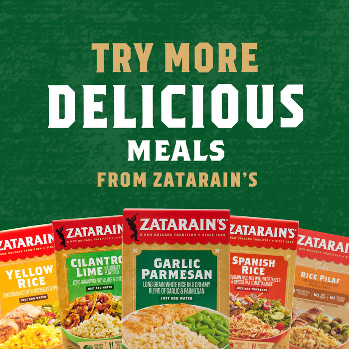 A promotional image encourages customers to try more Zatarain's meals, showcasing a variety of rice mixes with a package of Zatarain'S Garlic Parmesan Long Grain White Rice, 6.9 Oz, featured in the center.