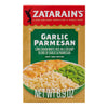 The packaging for Zatarain'S Garlic Parmesan Long Grain White Rice, 6.9 Oz, shows a prepared meal of the creamy rice dish served with breaded chicken and green beans.