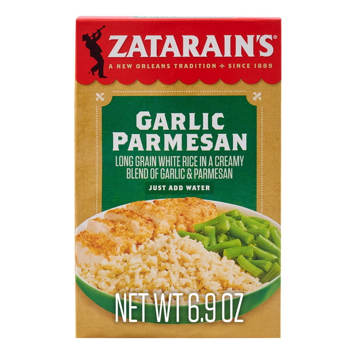 The packaging for Zatarain'S Garlic Parmesan Long Grain White Rice, 6.9 Oz, shows a prepared meal of the creamy rice dish served with breaded chicken and green beans.