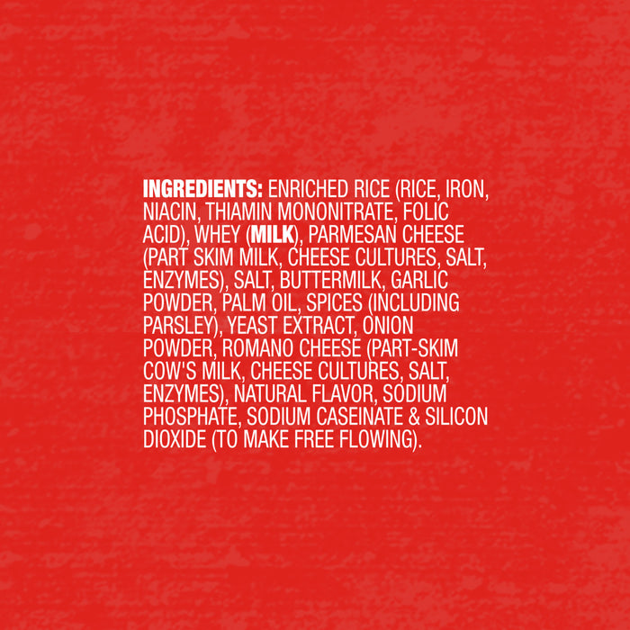 The ingredients list for Zatarain'S Garlic Parmesan Long Grain White Rice, 6.9 Oz, is displayed in white text against a textured red background.