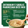An infographic provides the recipe and cooking instructions for Zatarain'S Garlic Parmesan Long Grain White Rice, 6.9 Oz, shown prepared in a green pot.
