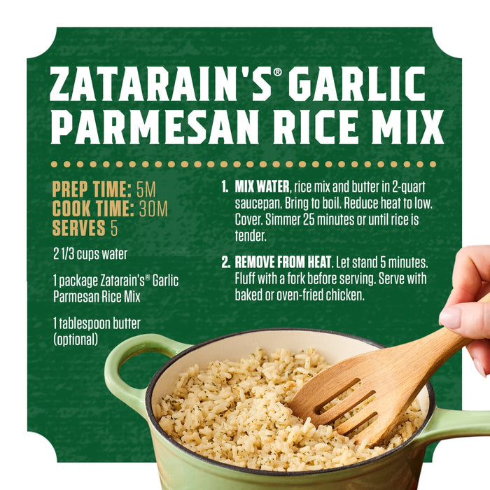 An infographic provides the recipe and cooking instructions for Zatarain'S Garlic Parmesan Long Grain White Rice, 6.9 Oz, shown prepared in a green pot.
