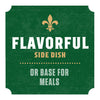 A marketing graphic for Zatarain'S Garlic Parmesan Long Grain White Rice, 6.9 Oz, highlights its use as a flavorful side dish or base for meals against a green textured background with a gold fleur-de-lis.