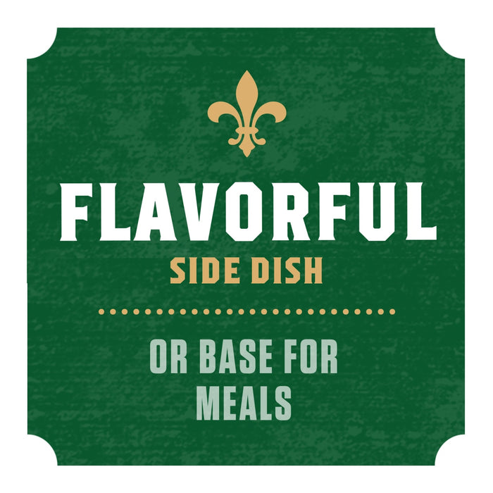 A marketing graphic for Zatarain'S Garlic Parmesan Long Grain White Rice, 6.9 Oz, highlights its use as a flavorful side dish or base for meals against a green textured background with a gold fleur-de-lis.